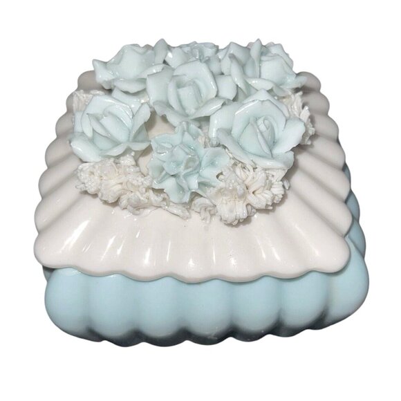 I.W. RICE Japan Porcelain Trinket Square Jewelry Box White Blue Flowers Vintage - Picture 2 of 9